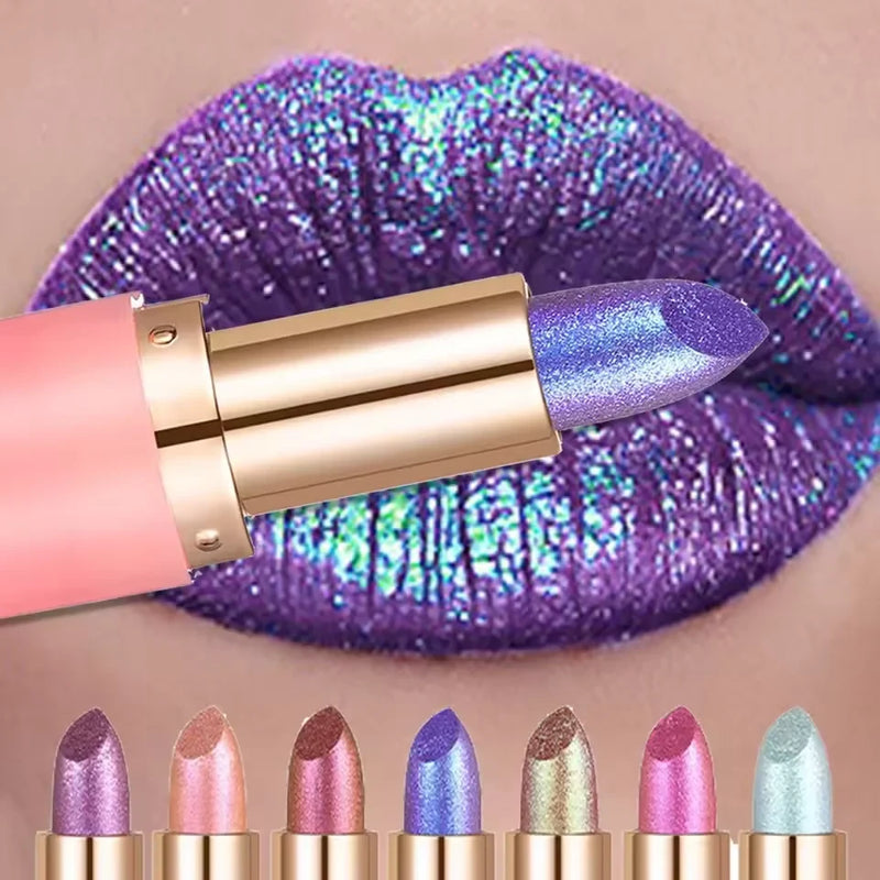 Metallic Violet Chameleon Lipstick Color Changing Matte Glitter Diamond Waterproof Pearl Shine Lip Gloss Sexy Makeup Halloween